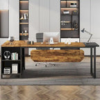 Bureau de direction en L avec classeur – Noyer blanc / Gris noir / Noir marron / Beige, 1 personne