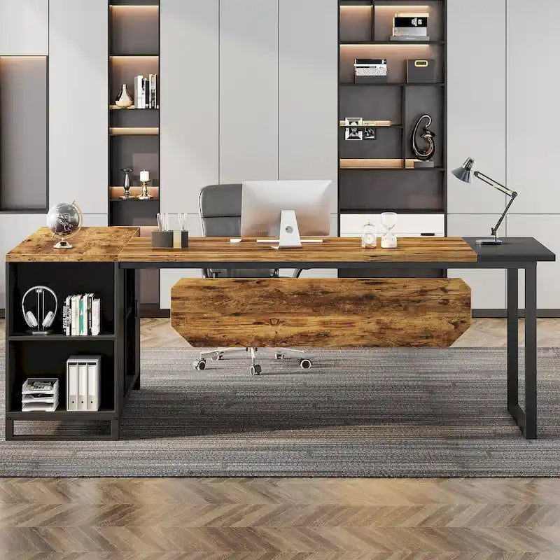 Bureau de direction en L avec classeur – Noyer blanc / Gris noir / Noir marron / Beige, 1 personne
