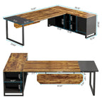Bureau de direction en L avec classeur – Noyer blanc / Gris noir / Noir marron / Beige, 1 personne