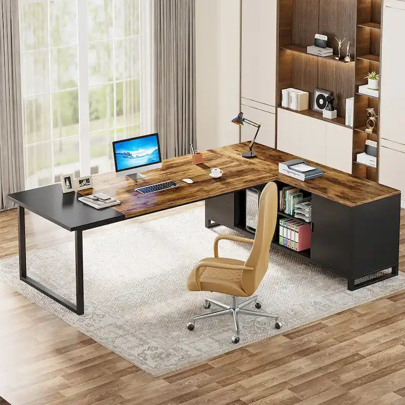 Bureau de direction en L avec classeur – Noyer blanc / Gris noir / Noir marron / Beige, 1 personne