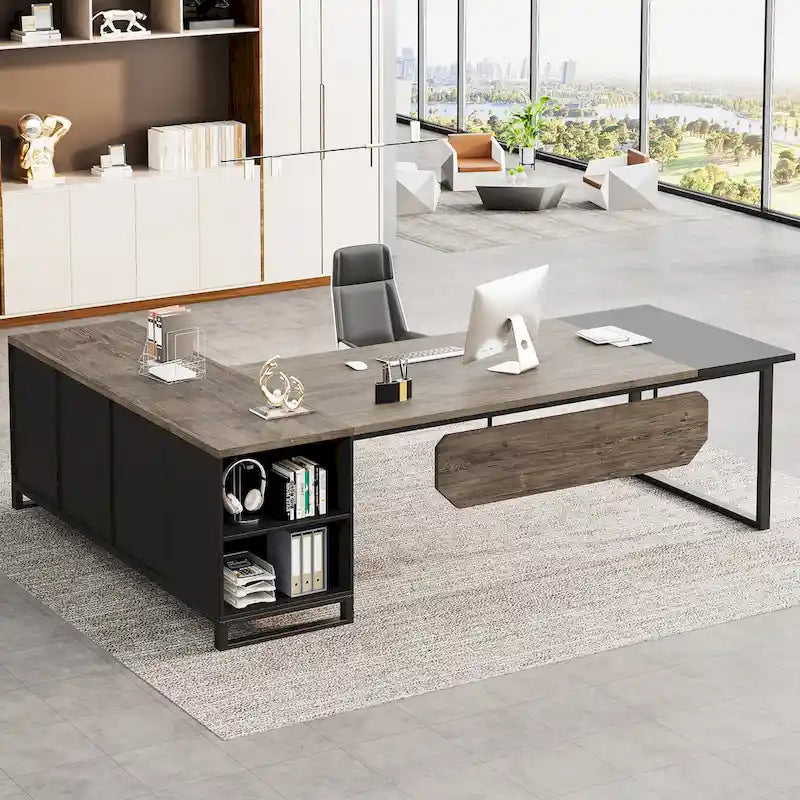 Bureau de direction en L avec classeur – Noyer blanc / Gris noir / Noir marron / Beige, 1 personne