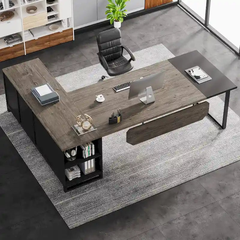 Bureau de direction en L avec classeur – Noyer blanc / Gris noir / Noir marron / Beige, 1 personne