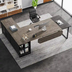 Bureau de direction en L avec classeur – Noyer blanc / Gris noir / Noir marron / Beige, 1 personne