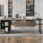 Bureau de direction en L avec classeur – Noyer blanc / Gris noir / Noir marron / Beige, 1 personne