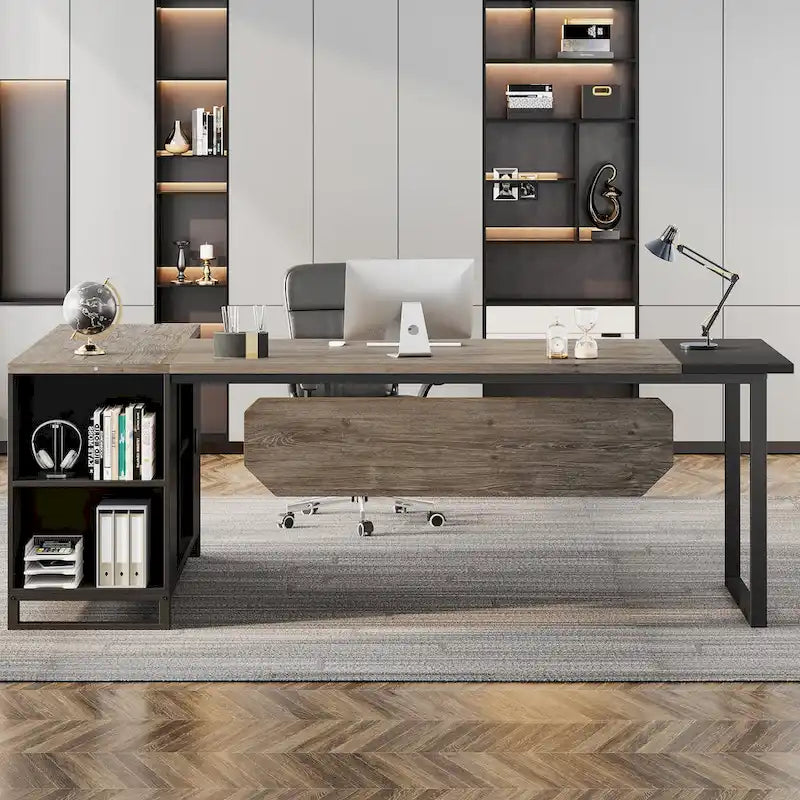 Bureau de direction en L avec classeur – Noyer blanc / Gris noir / Noir marron / Beige, 1 personne