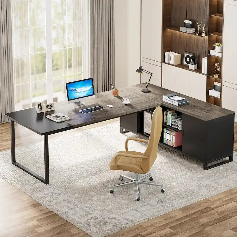 Bureau de direction en L avec classeur – Noyer blanc / Gris noir / Noir marron / Beige, 1 personne