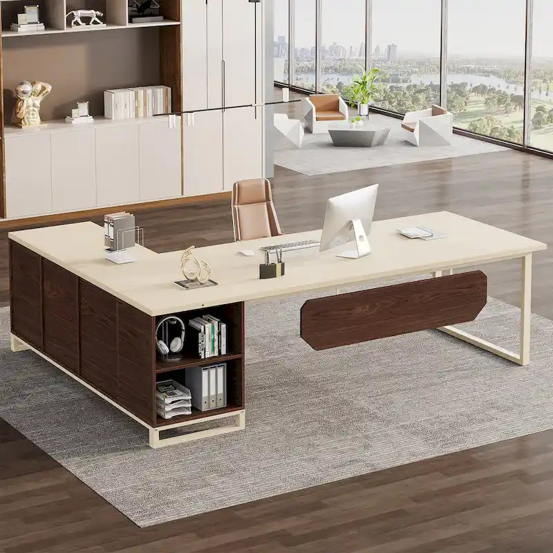 Bureau de direction en L avec classeur – Noyer blanc / Gris noir / Noir marron / Beige, 1 personne