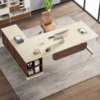 Bureau de direction en L avec classeur – Noyer blanc / Gris noir / Noir marron / Beige, 1 personne