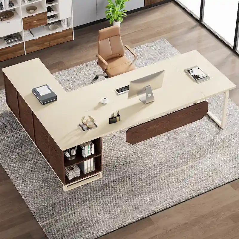 Bureau de direction en L avec classeur – Noyer blanc / Gris noir / Noir marron / Beige, 1 personne