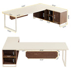 Bureau de direction en L avec classeur – Noyer blanc / Gris noir / Noir marron / Beige, 1 personne
