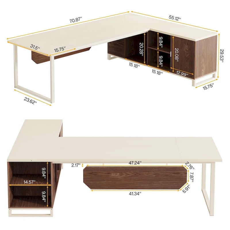Bureau de direction en L avec classeur – Noyer blanc / Gris noir / Noir marron / Beige, 1 personne