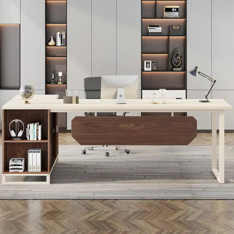 Bureau de direction en L avec classeur – Noyer blanc / Gris noir / Noir marron / Beige, 1 personne