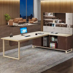 Bureau de direction en L avec classeur – Noyer blanc / Gris noir / Noir marron / Beige, 1 personne