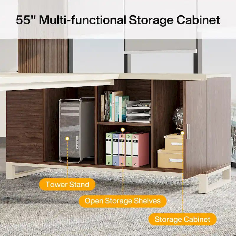 Bureau de direction en L avec classeur – Noyer blanc / Gris noir / Noir marron / Beige, 1 personne