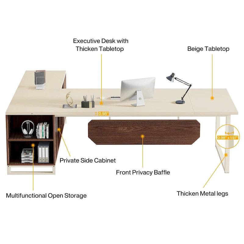 Bureau de direction en L avec classeur – Noyer blanc / Gris noir / Noir marron / Beige, 1 personne