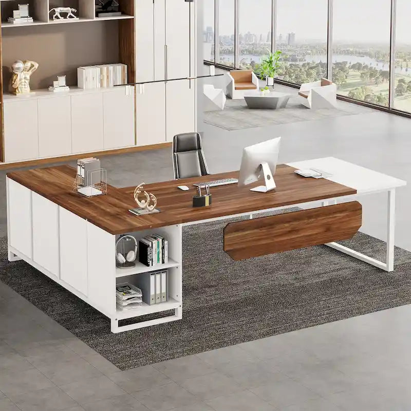 Bureau de direction en L avec classeur – Noyer blanc / Gris noir / Noir marron / Beige, 1 personne