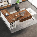 Bureau de direction en L avec classeur – Noyer blanc / Gris noir / Noir marron / Beige, 1 personne