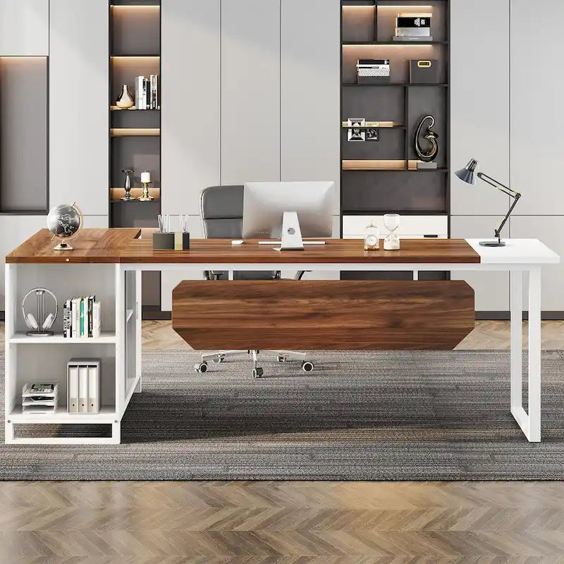 Bureau de direction en L avec classeur – Noyer blanc / Gris noir / Noir marron / Beige, 1 personne