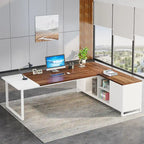 Bureau de direction en L avec classeur – Noyer blanc / Gris noir / Noir marron / Beige, 1 personne