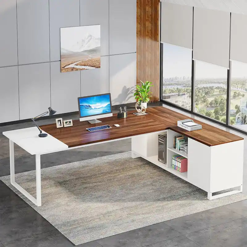 Bureau de direction en L avec classeur – Noyer blanc / Gris noir / Noir marron / Beige, 1 personne