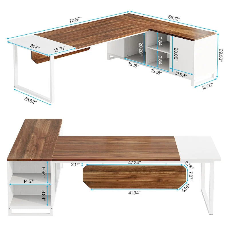 Bureau de direction en L avec classeur – Noyer blanc / Gris noir / Noir marron / Beige, 1 personne