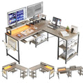 Bureau d'angle en L à LED en aspect bois gris/brun rustique/bois blanc/fibre de carbone, 1 personne, 241 cm
