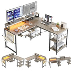 Bureau d'angle en L à LED en aspect bois gris/brun rustique/bois blanc/fibre de carbone, 1 personne, 241 cm