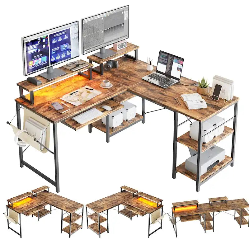 Bureau d'angle en L à LED en aspect bois gris/brun rustique/bois blanc/fibre de carbone, 1 personne, 241 cm