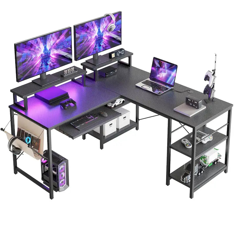 Bureau d'angle en L à LED en aspect bois gris/brun rustique/bois blanc/fibre de carbone, 1 personne, 241 cm