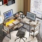 Bureau d'angle en L à LED en aspect bois gris/brun rustique/bois blanc/fibre de carbone, 1 personne, 241 cm