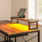 Bureau d'angle en L à LED en aspect bois gris/brun rustique/bois blanc/fibre de carbone, 1 personne, 241 cm