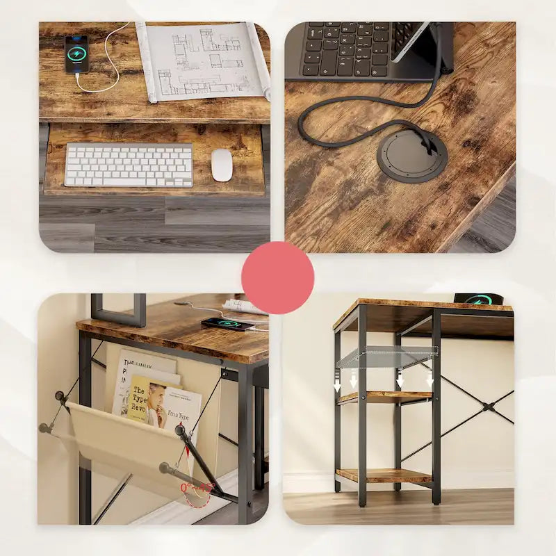 Bureau d'angle en L à LED en aspect bois gris/brun rustique/bois blanc/fibre de carbone, 1 personne, 241 cm