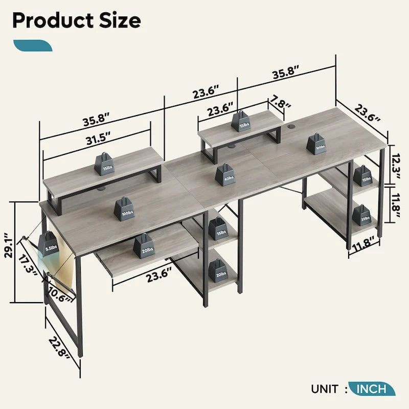 Bureau d'angle en L à LED en aspect bois gris/brun rustique/bois blanc/fibre de carbone, 1 personne, 241 cm