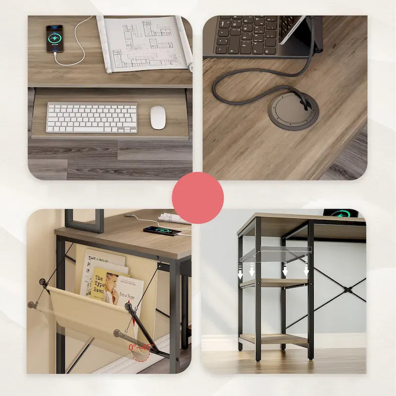 Bureau d'angle en L à LED en aspect bois gris/brun rustique/bois blanc/fibre de carbone, 1 personne, 241 cm
