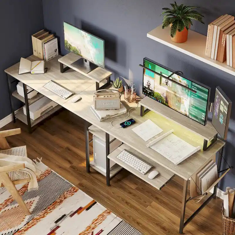 Bureau d'angle en L à LED en aspect bois gris/brun rustique/bois blanc/fibre de carbone, 1 personne, 241 cm