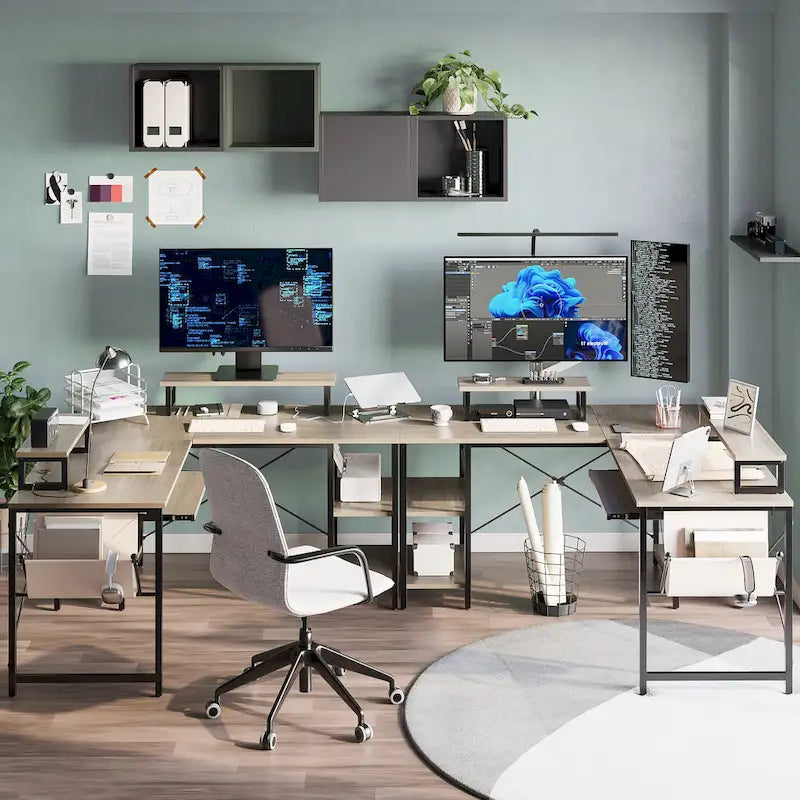 Bureau d'angle en L à LED en aspect bois gris/brun rustique/bois blanc/fibre de carbone, 1 personne, 241 cm
