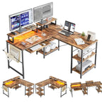 Bureau d'angle en L à LED en aspect bois gris/brun rustique/bois blanc/fibre de carbone, 1 personne, 241 cm