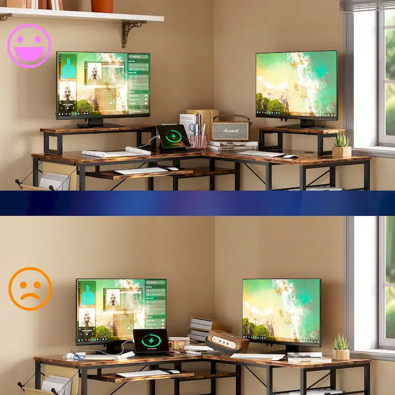 Bureau d'angle en L à LED en aspect bois gris/brun rustique/bois blanc/fibre de carbone, 1 personne, 241 cm