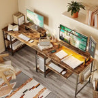 Bureau d'angle en L à LED en aspect bois gris/brun rustique/bois blanc/fibre de carbone, 1 personne, 241 cm