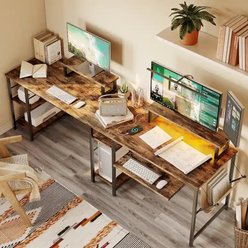 Bureau d'angle en L à LED en aspect bois gris/brun rustique/bois blanc/fibre de carbone, 1 personne, 241 cm