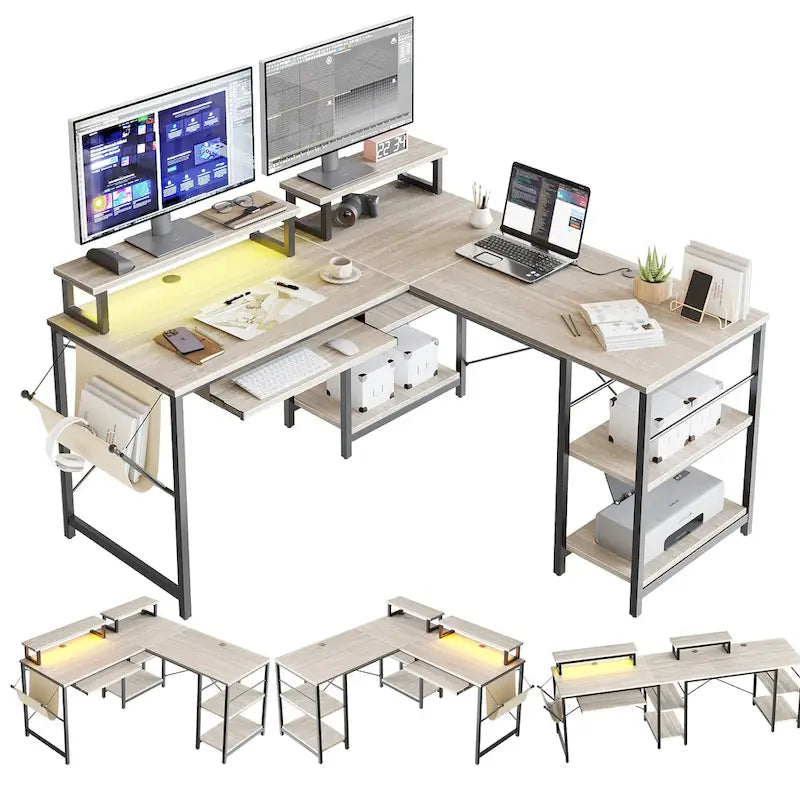 Bureau d'angle en L à LED en aspect bois gris/brun rustique/bois blanc/fibre de carbone, 1 personne, 241 cm