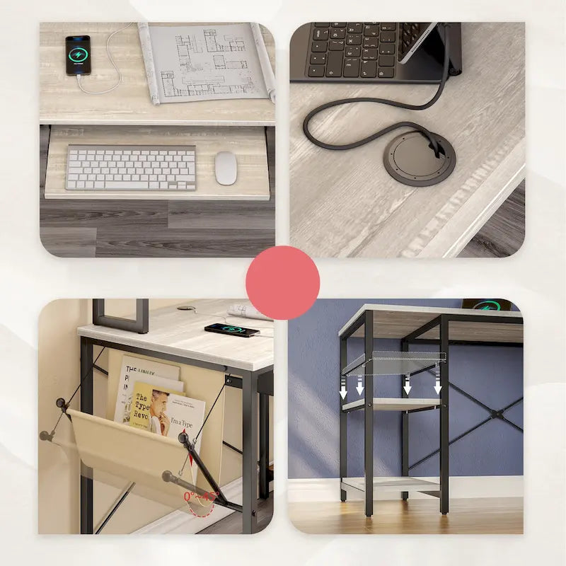 Bureau d'angle en L à LED en aspect bois gris/brun rustique/bois blanc/fibre de carbone, 1 personne, 241 cm