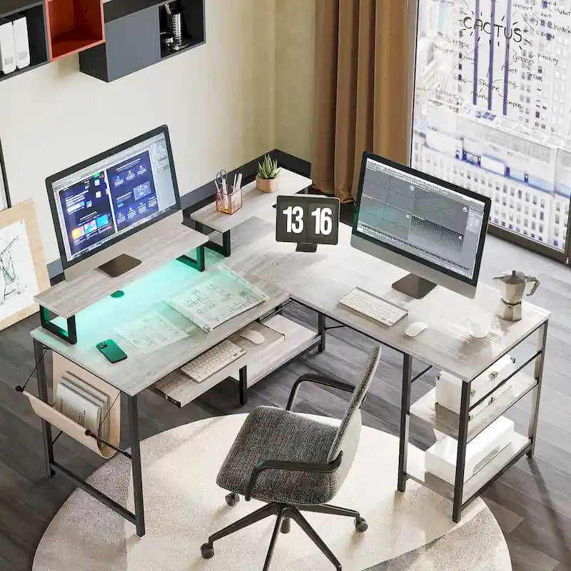Bureau d'angle en L à LED en aspect bois gris/brun rustique/bois blanc/fibre de carbone, 1 personne, 241 cm