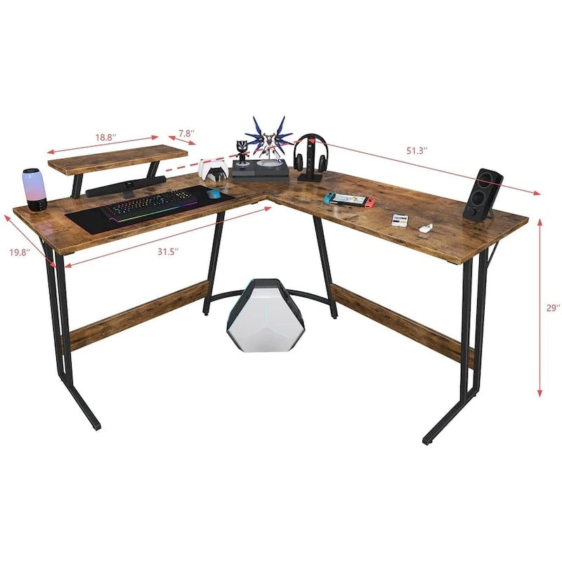 Bureau d'angle en L pour 1 personne avec support d'écran, blanc/marron/graphite/noir