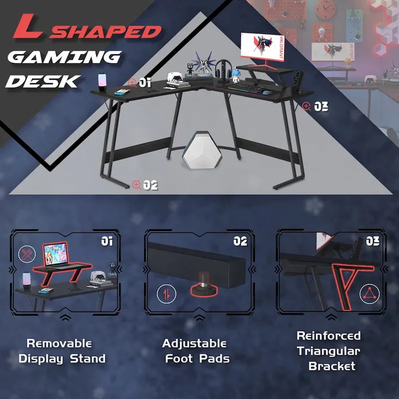 Bureau d'angle en L pour 1 personne avec support d'écran, blanc/marron/graphite/noir