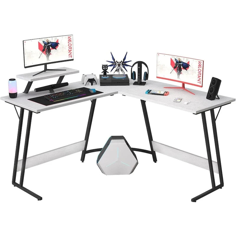 Bureau d'angle en L pour 1 personne avec support d'écran, blanc/marron/graphite/noir