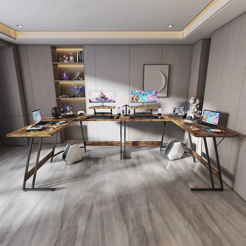 Bureau d'angle en L pour 1 personne avec support d'écran, blanc/marron/graphite/noir