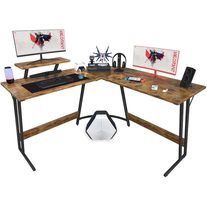Bureau d'angle en L pour 1 personne avec support d'écran, blanc/marron/graphite/noir
