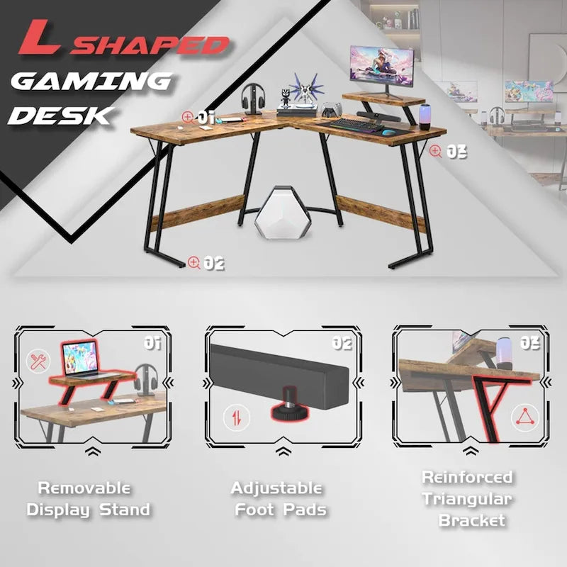 Bureau d'angle en L pour 1 personne avec support d'écran, blanc/marron/graphite/noir