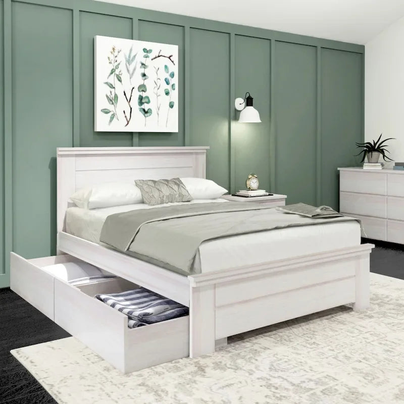 Lit double rustique avec tête de lit et tiroirs de rangement, finition délavée/bois flotté – 2 couchages